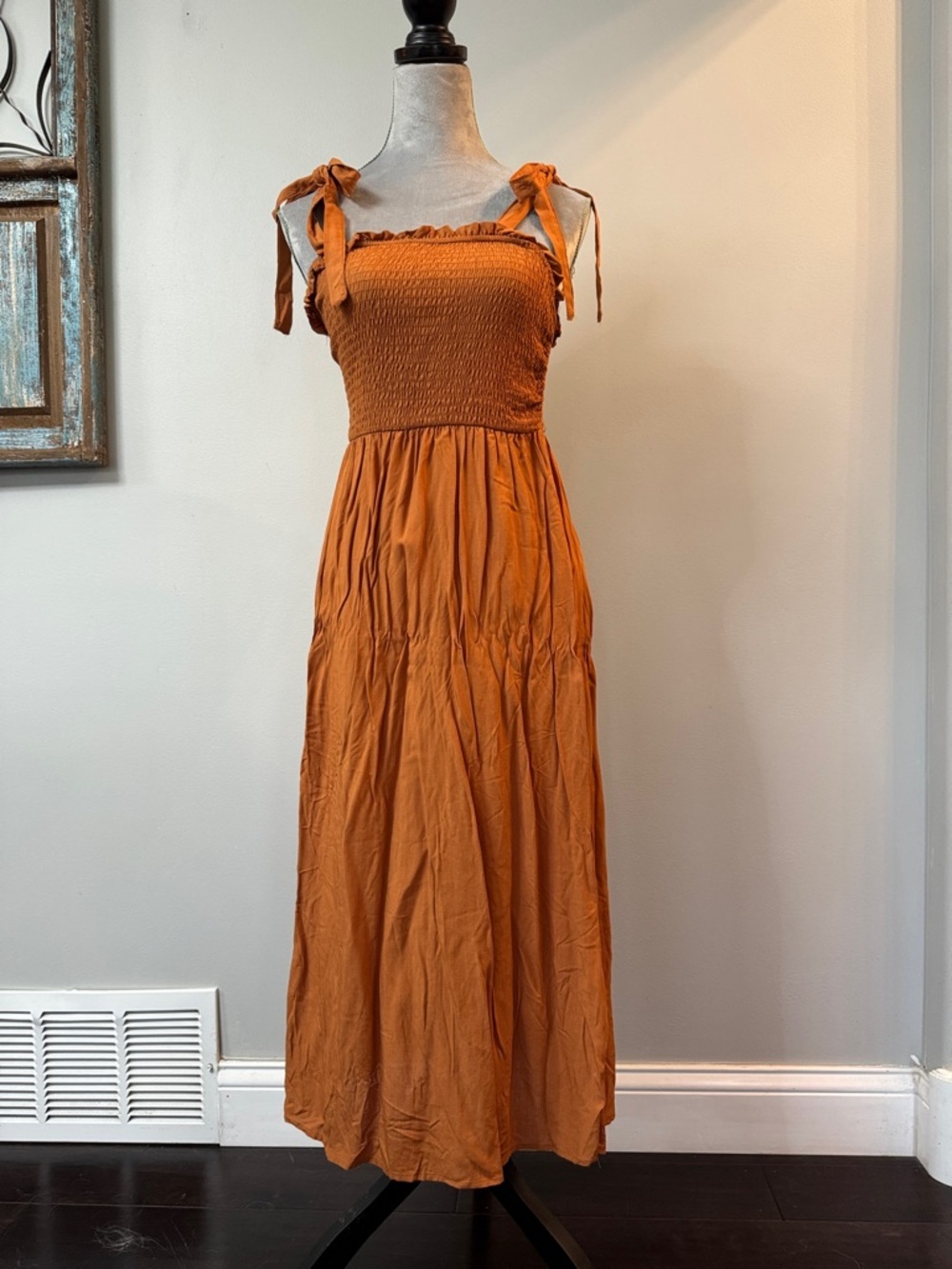 Hippie Rose Rust Orange Smocked Tie-Shoulder Maxi summer Dress NWT M